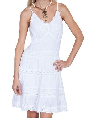 Scully Western Cowgirl Coastal Boho Tiered Crochet White Dress Peruvian Cotton S